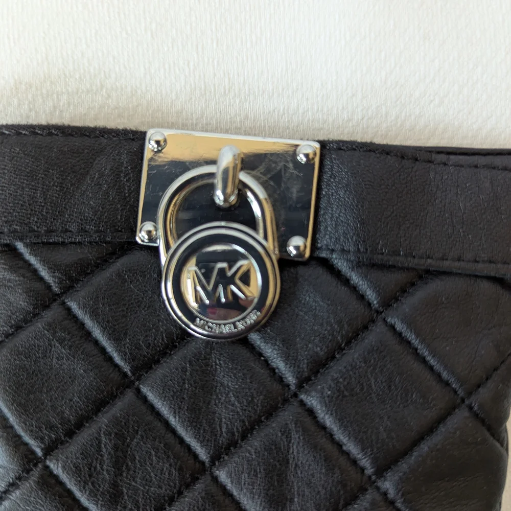 Michael Kors Black Quilted Leather Gloves with Silver Accents